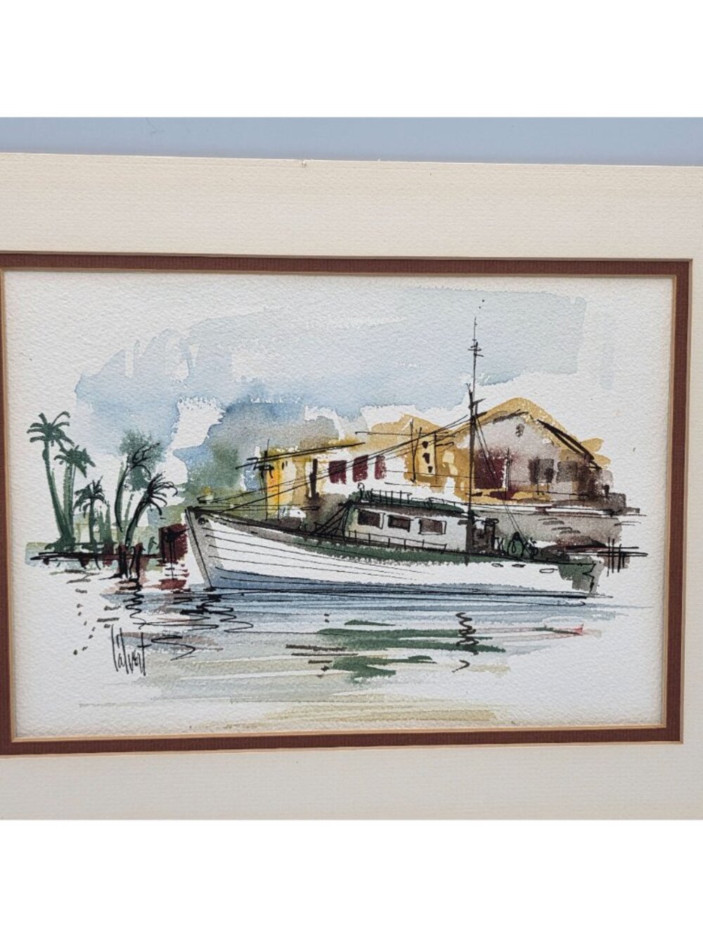 Original Watercolor Coastal Landscape Signed By Artist With Boat & Buildings - Picture 3 of 9